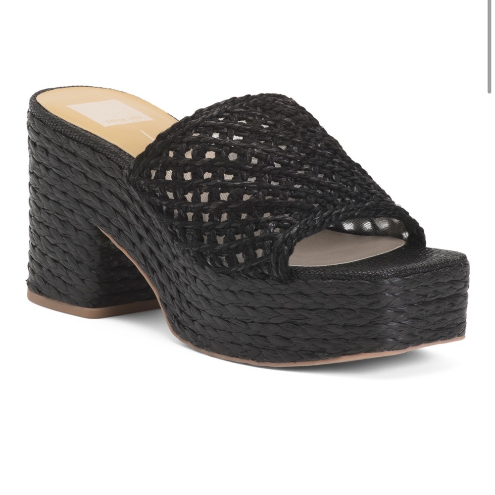 NEW Dolce Vita Lisha Onyx Raffia Black‎ Woven Slip-On Platform Sandals Size 9.5